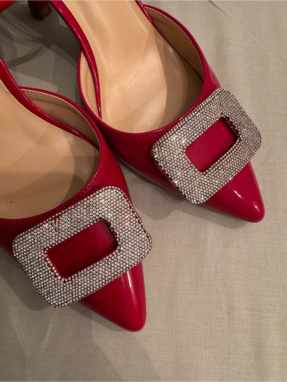 TOP Moda Red Patent Pointed-Toe Ankle-Strap Pumps with Rhinestone Buckles